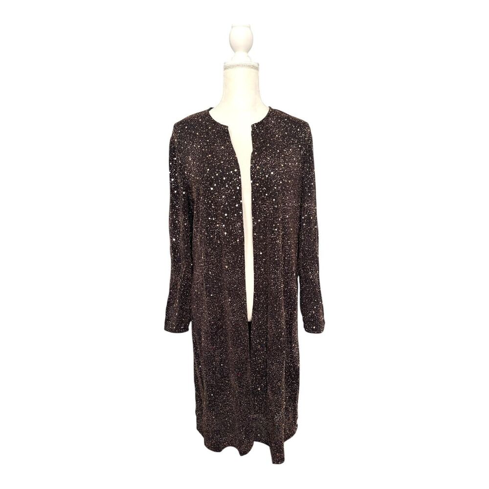 Anne Klein Cardigan Womens Medium Black Gold Metallic Polka Dot Open Front